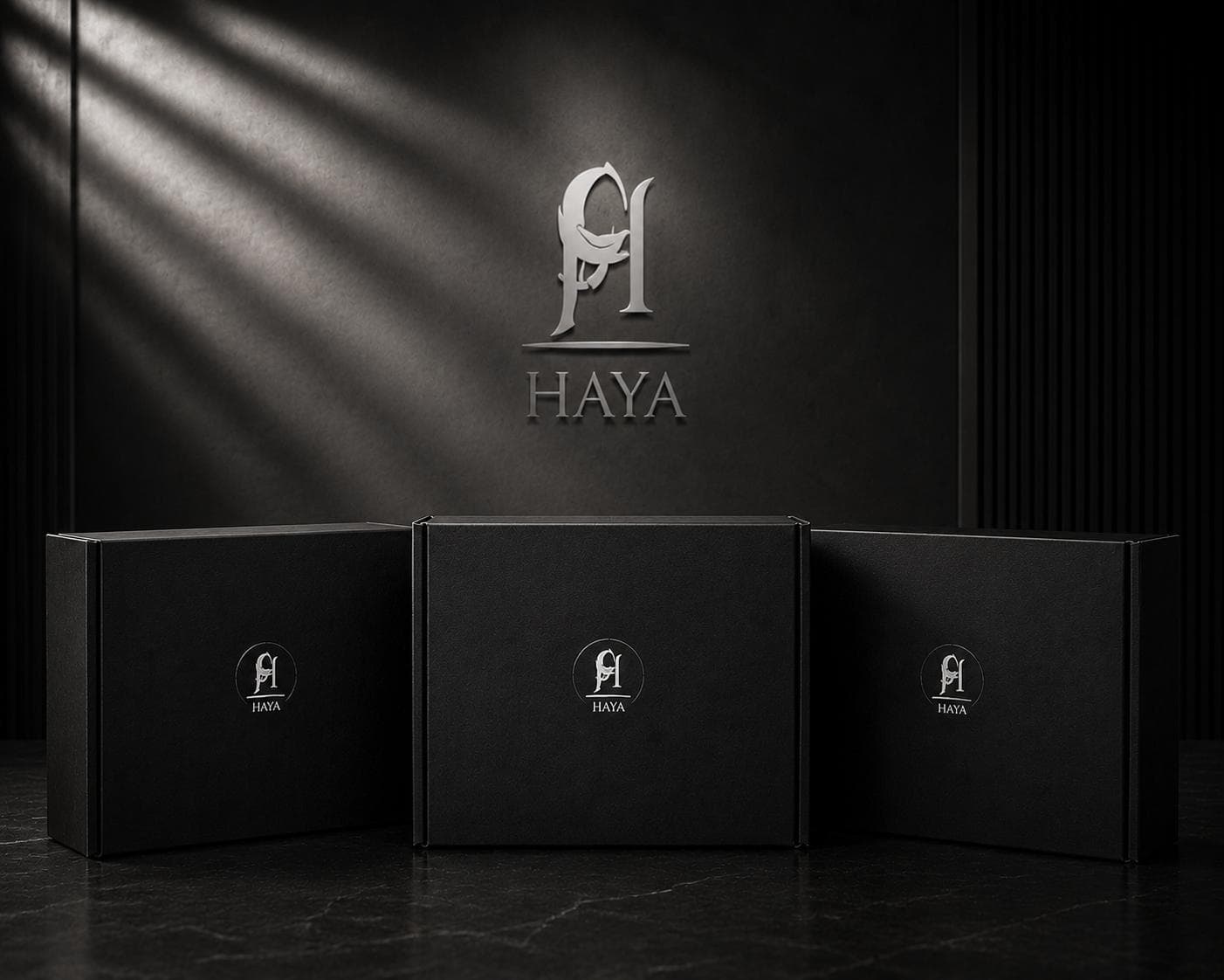 HAYA branded gift boxes on a dark backdrop